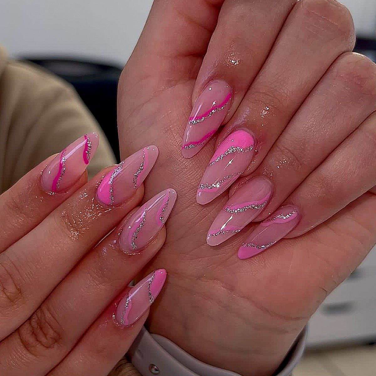 Glamorous Pink Dream Long Almond Sharp Pink Ombre Press On Nail Set with Sparkling Silver Stripes