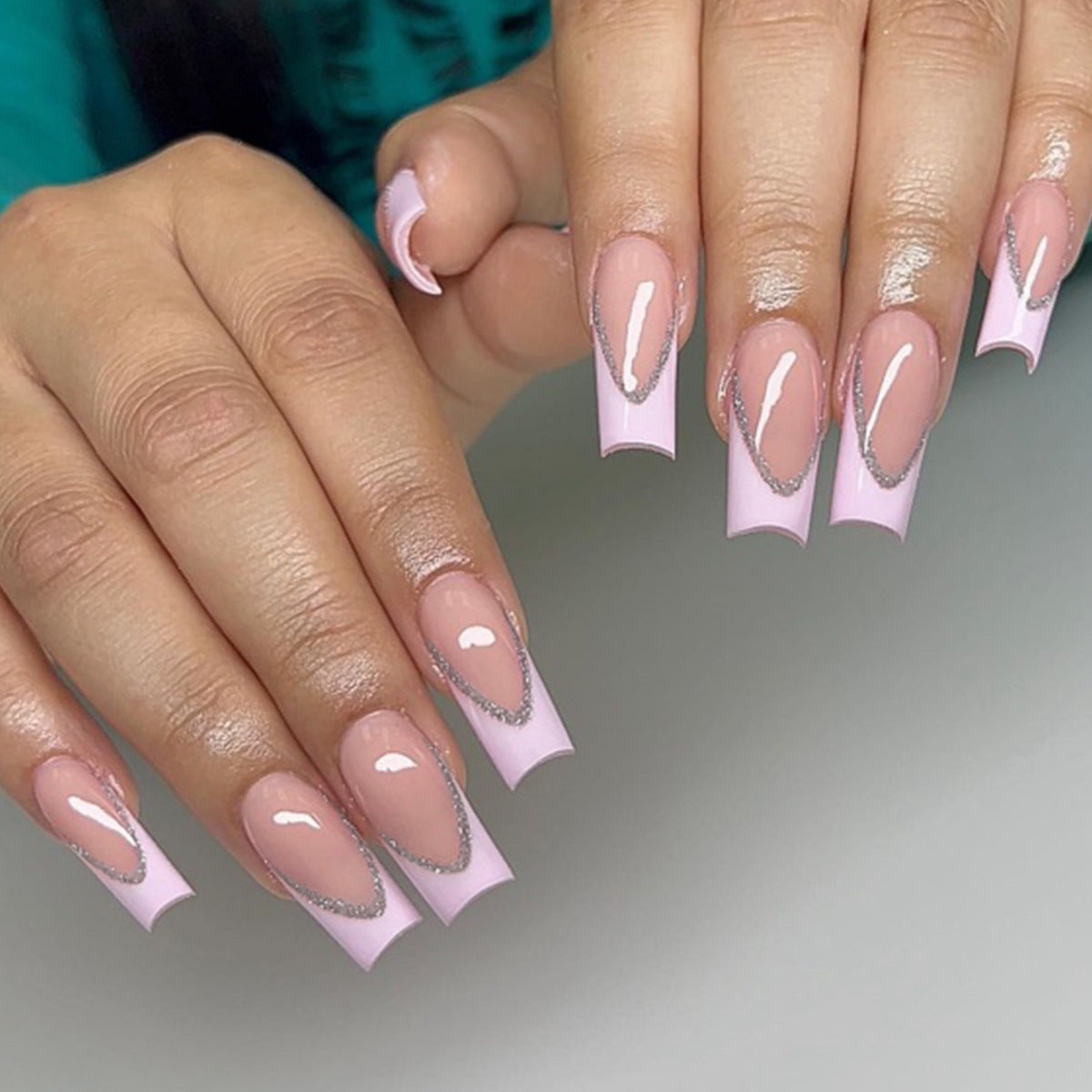 Glamorous Rose Length Long Square Light Pink with Silver Rhinestone Accent Press On Nail Set