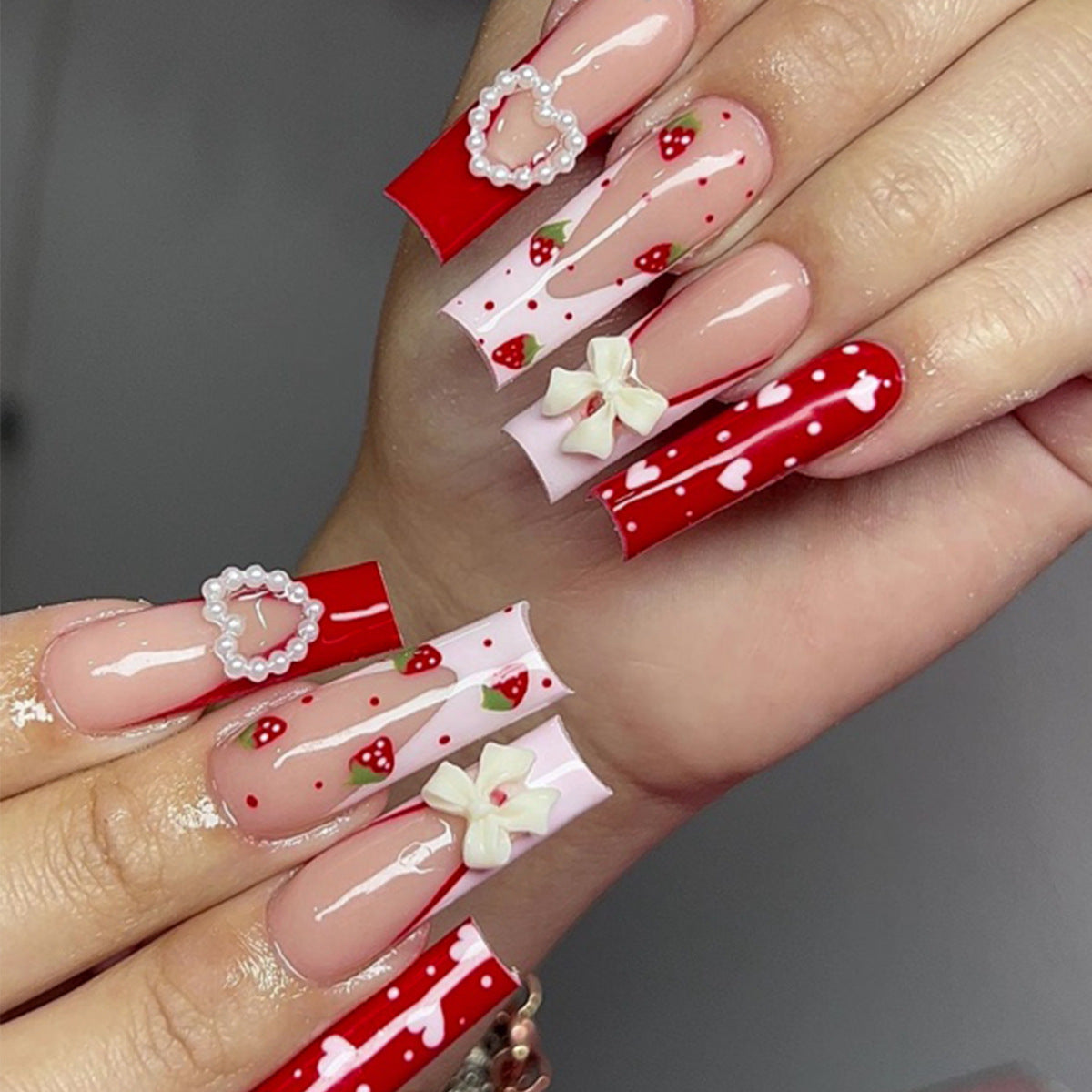 Sweetheart Strawberry Themed Long Square Red and Pink Press On Nail Set with Heart and Bow Decorations