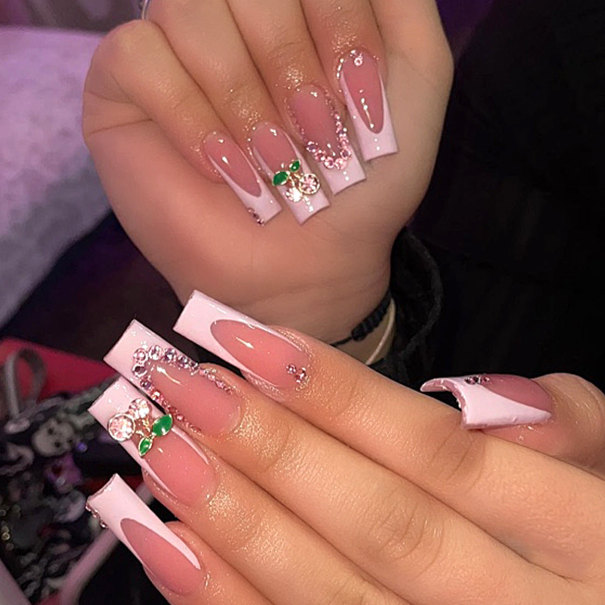 Charming Garden Floral Ombre Long Square Pink Press On Nail Set with Rhinestone Accents