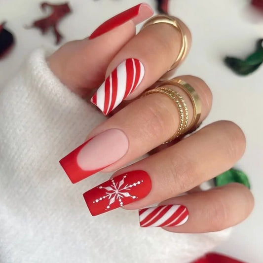 Winter Wonderland Long Square Red and White Press On Nail Set with Candy Cane and Snowflake Designs