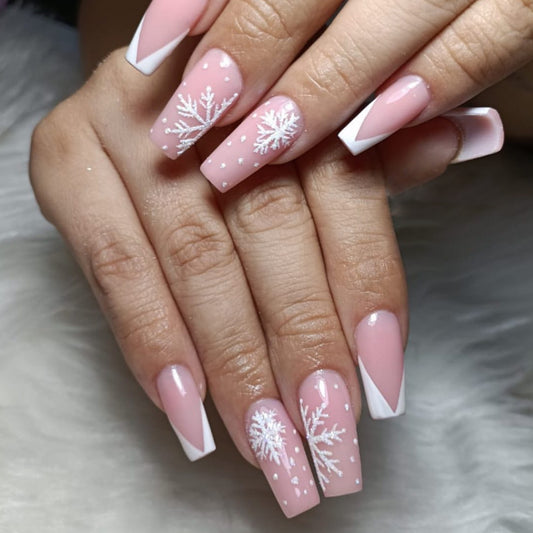 Winter Wonderland Long Coffin Pink Press On Nail Set with White Snowflake Design