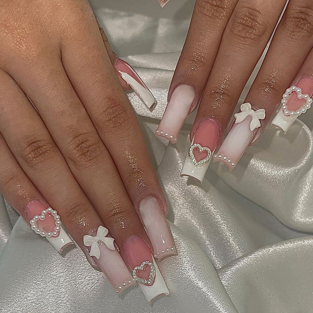 Romantic Love Story Long Square Press On Nail Set Blush Pink and White with Heart and Bow Embellishments