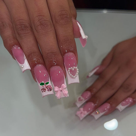 Charming Garden Pink Long Square Press On Nail Set with Heart and Bow Accents