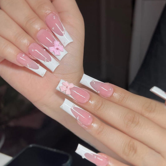 Chic Elegance Long Square Pink and White Press On Nail Set with Bow Accent and Glossy Finish