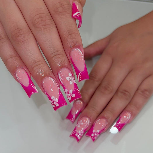 Tropical Bloom Long Square Pink Press On Nail Set with Floral Accents and Glossy Finish