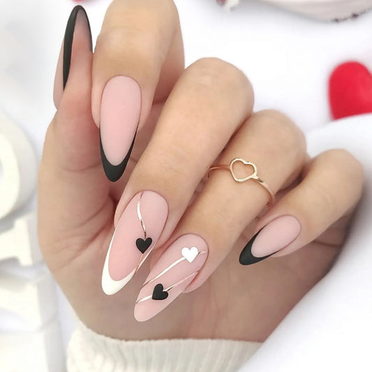 Romantic Heartbeat Long Almond Shaped Soft Pink and Black Press On Nail Set with Unique Heart Design