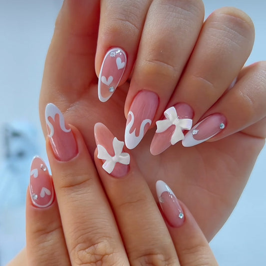 Sweetheart Bliss Long Almond Pink Press On Nail Set with Cute Bow Accents and Heart Designs