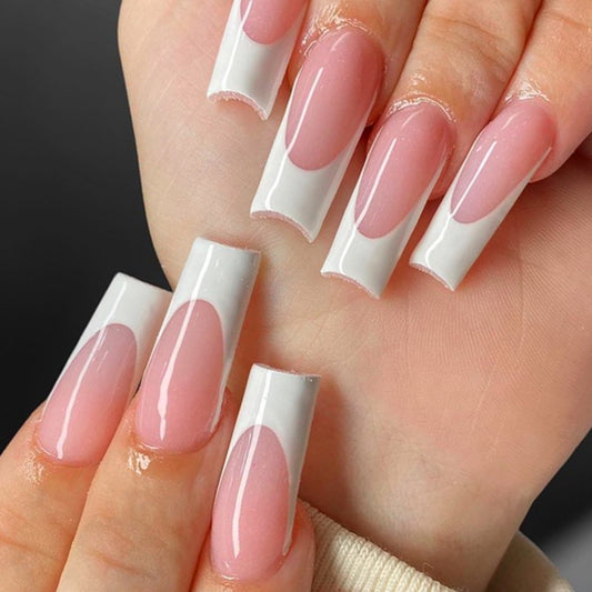 Chic Modern Elegance Long Square Pink and White Glossy Press On Nail Set with Stylish Minimalist Design