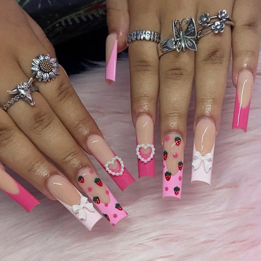 Sweet Strawberry Dream Extra Long Square Pink Press On Nail Set with Charming Bow and Heart Designs