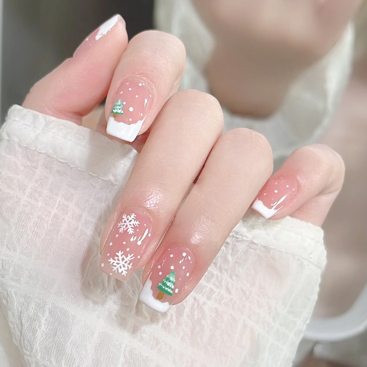 Winter Wonderland Medium Square Pink and White Press On Nail Set with Christmas Tree and Snowflake Design