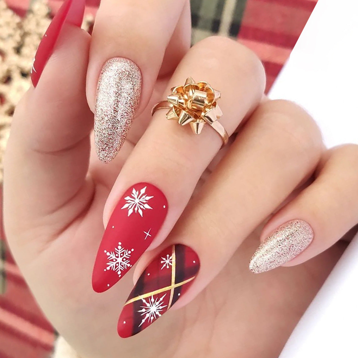 Winter Wonderland Long Almond Red and Gold Press On Nail Set with Sparkling Glitter and Snowflake Design