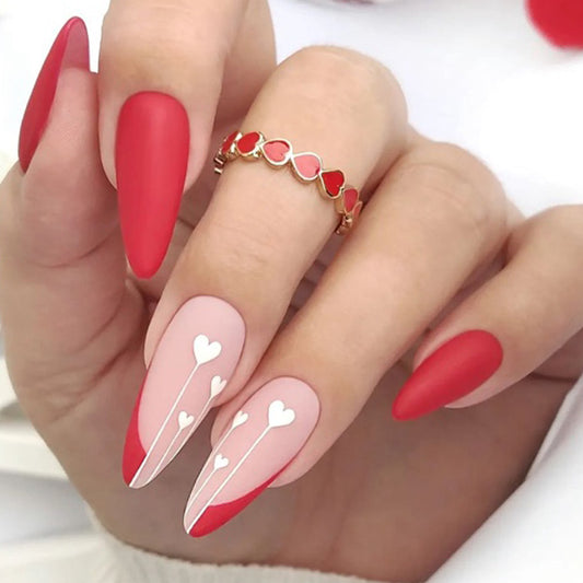 Romantic Hearts Long Almond Red Press On Nail Set with Heart Designs and Matte Finish