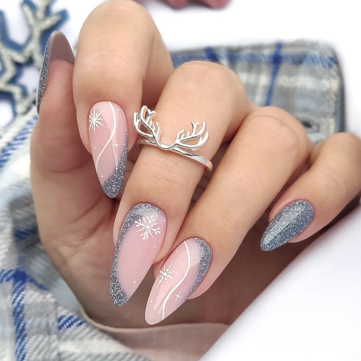 Winter Wonderland Long Almond Pink and Silver Glitter Press On Nail Set with Snowflake Accents