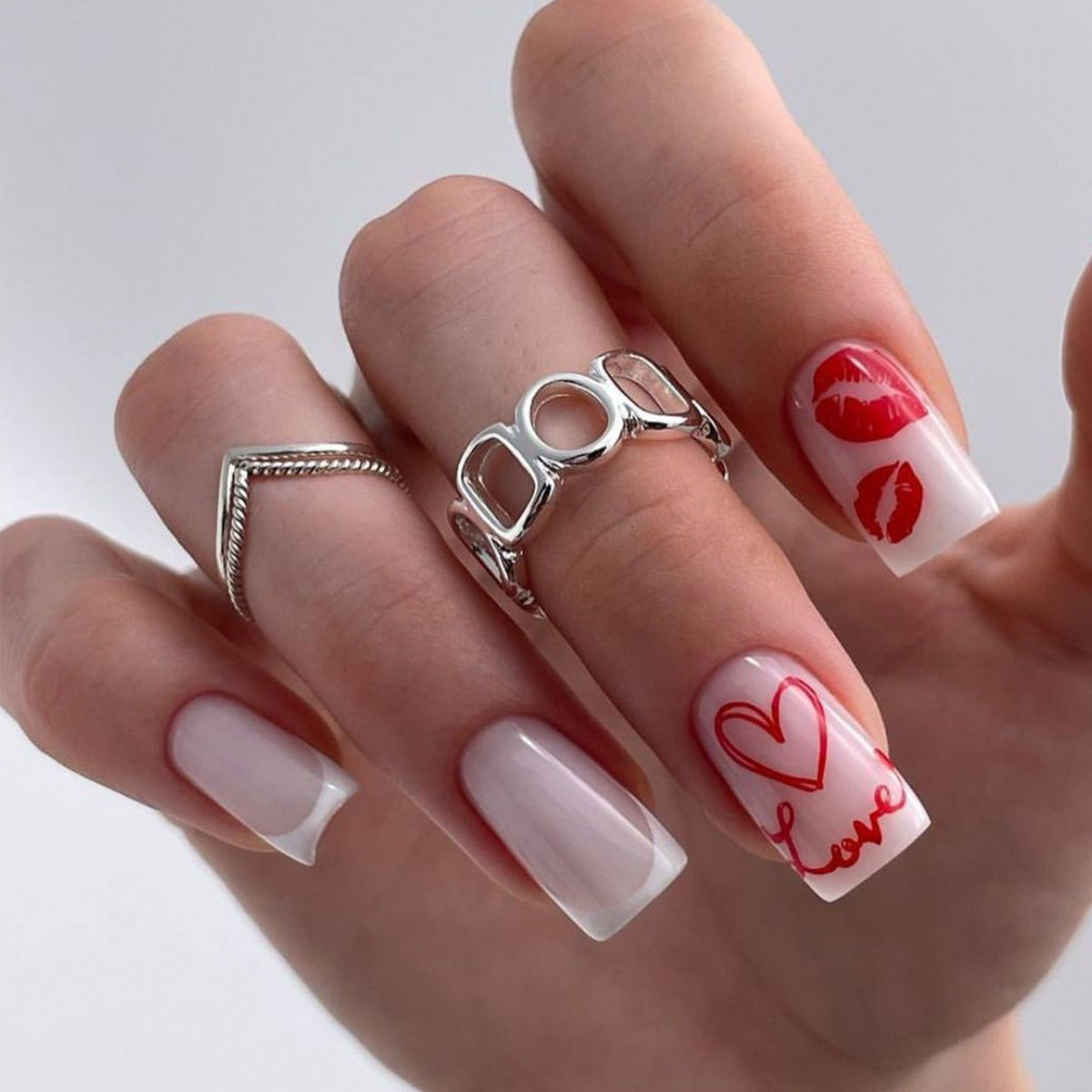 Romantic Kiss Press On Nail Set Long Square Clear with Red Lip and Heart Designs