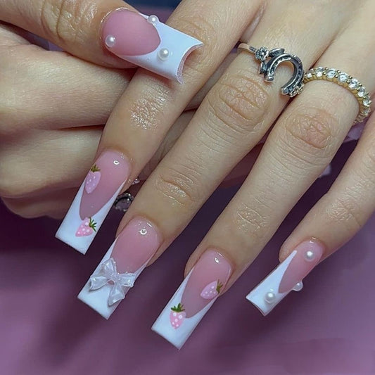 Sweet Blossom Paradise Extra Long Square Pink and White Press On Nail Set with 3D Strawberry and Pearl Accents