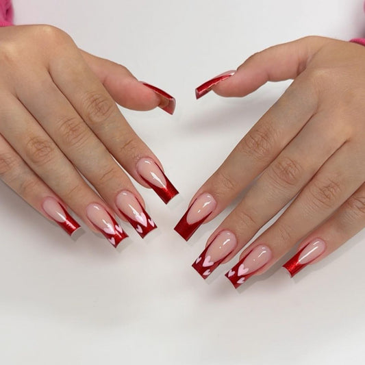 Romantic Red Long Square Press On Nail Set with Heart Design and Glossy Finish