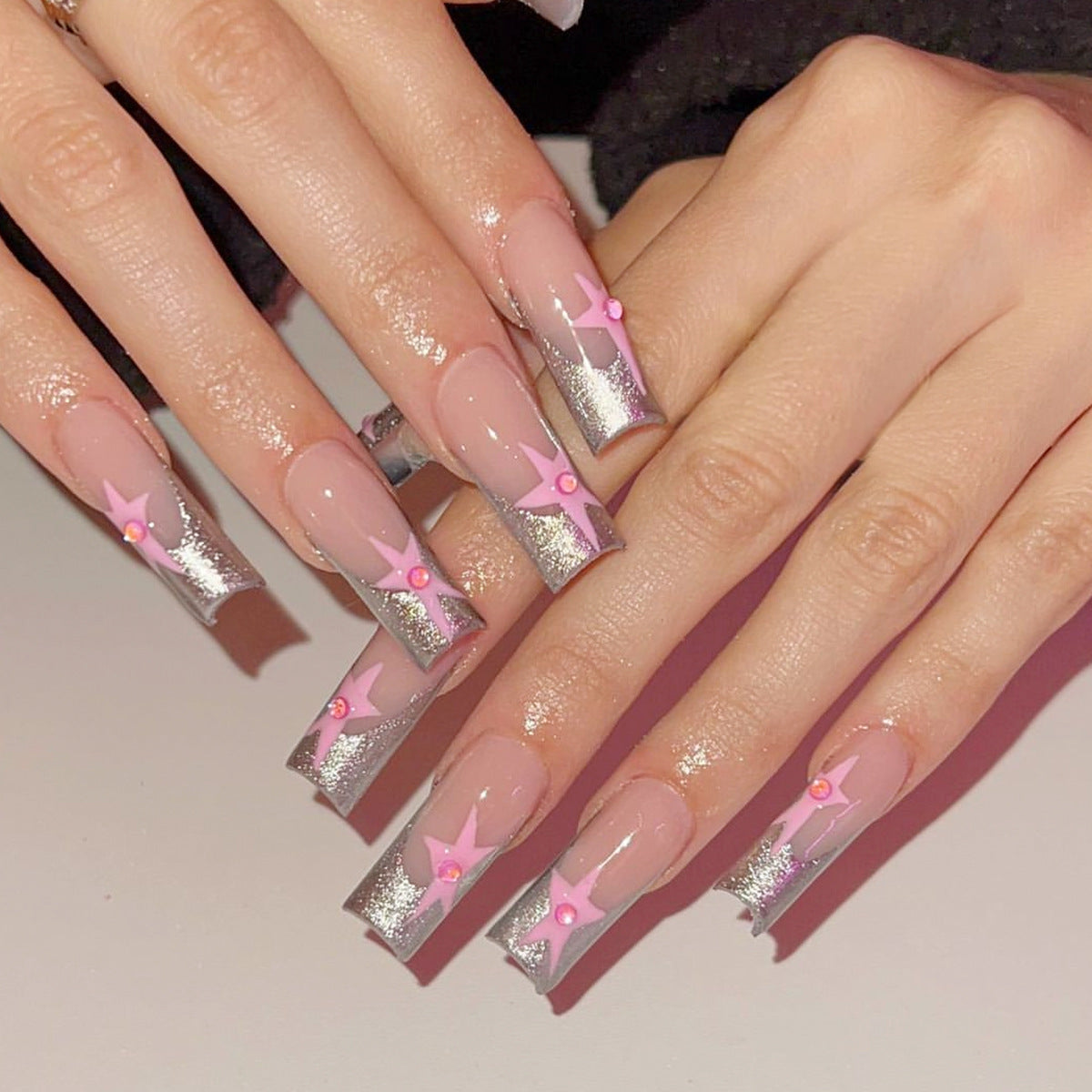 Glamorous Starry Night Extra Long Square Press On Nail Set with Shimmering Silver Tips and Pink Star Accents