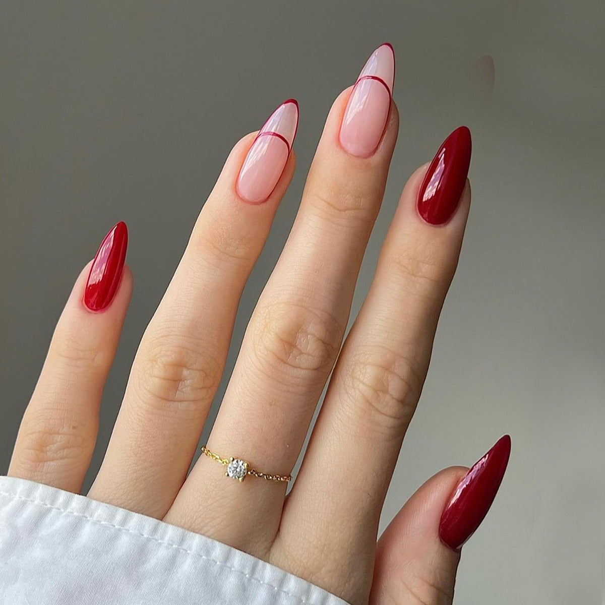 Glamorous Valentine Press On Nail Set Long Almond Red and Pink with Chic French Tip Design