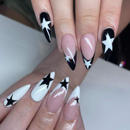 Starry Night Elegance Long Stiletto Black and White Press On Nail Set with Unique Star Design