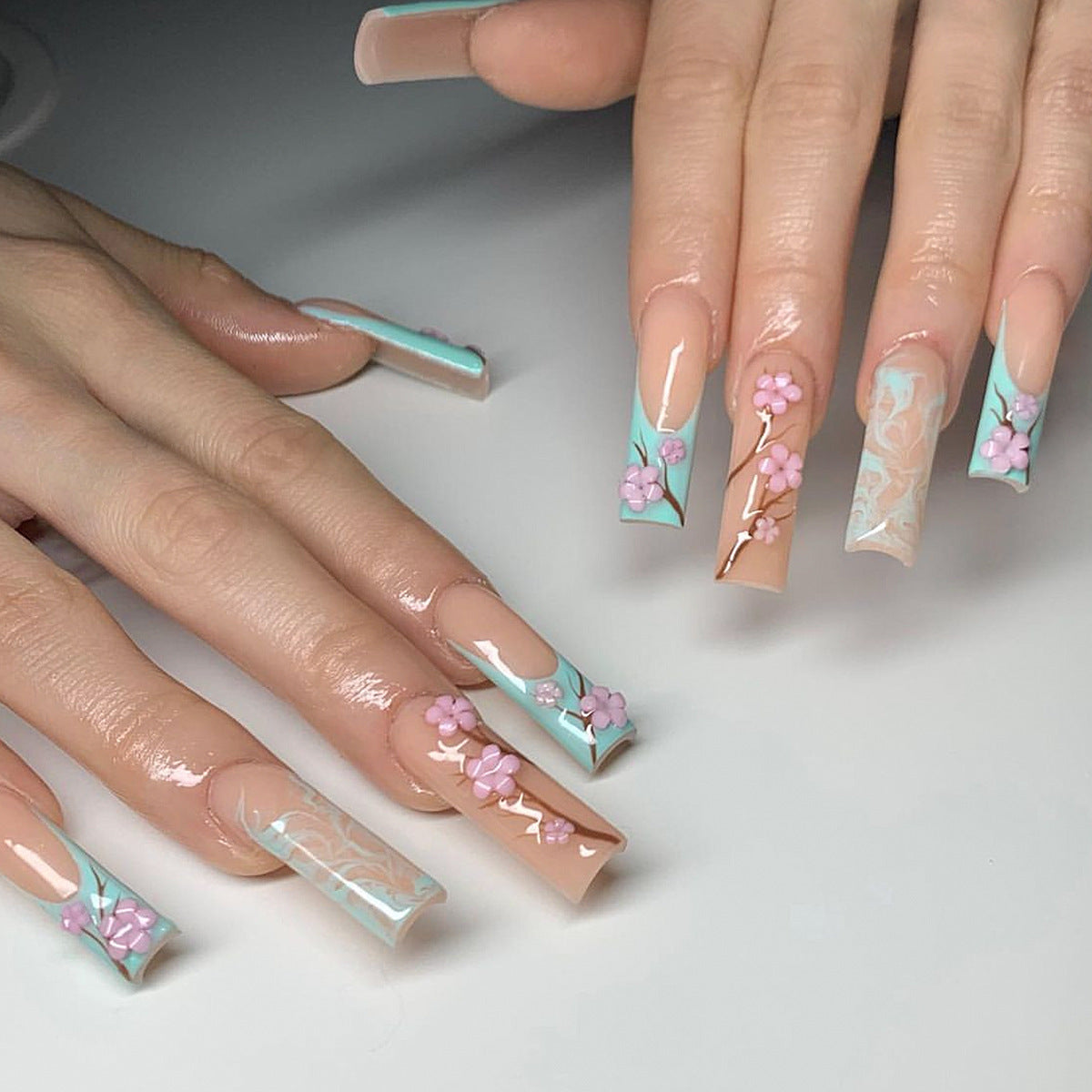 Cherry Blossom Dream Long Square Mint and Beige Press On Nail Set with Floral Embellishments