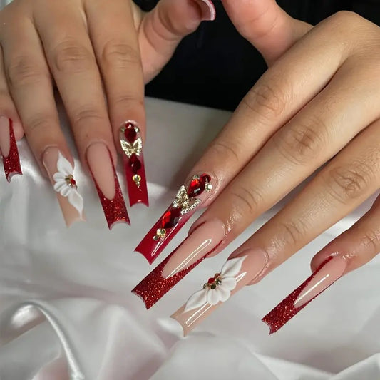 Glamourous Holiday Red Long Square Press On Nail Set with Glitter and Floral Accents