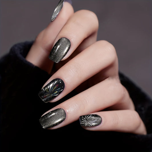 Glamorous Night Sky Medium Square Black Glitter Press On Nail Set with Holographic Floral Design