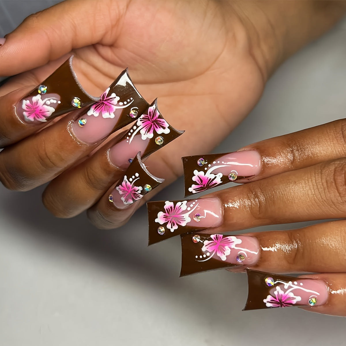 Tropical Paradise Long Duck Brown Floral Press On Nail Set with Rhinestone Accents