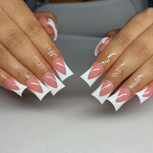 Elegant Romance Press On Nail Set Long Duck Pink and White Design with Unique Geometric Accent