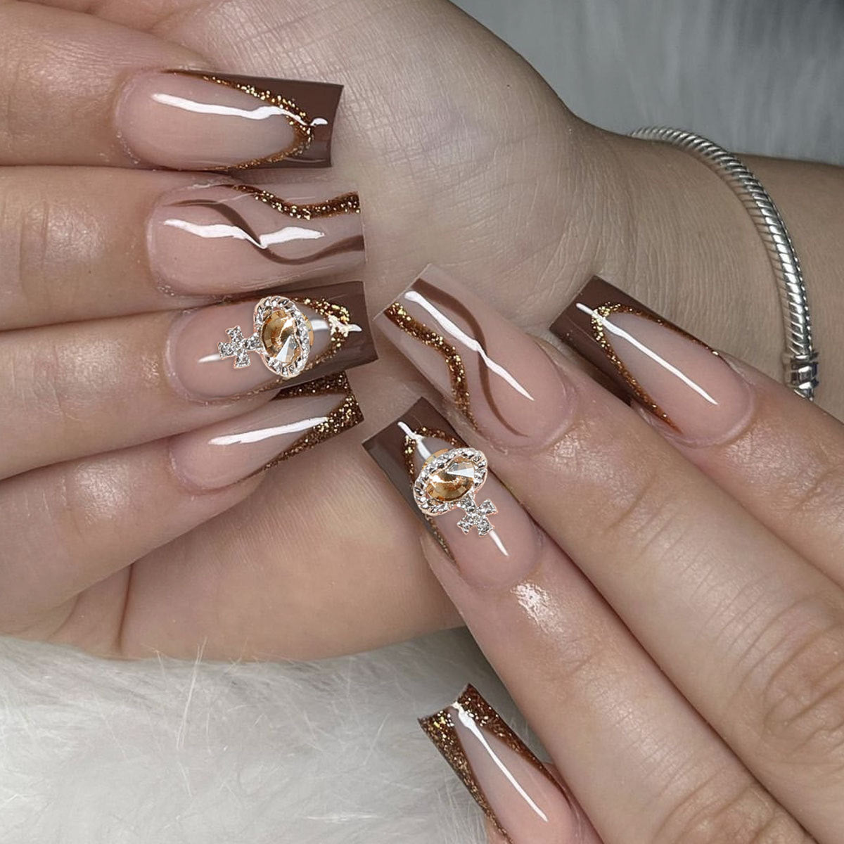 Glamorous Golden Wave Long Square Brown Ombre Press On Nail Set with Sparkling Jewel Accents