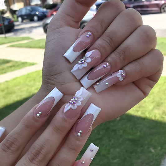 Glamorous Floral Elegance Long Square White Pink Press On Nail Set with Rhinestones and Flower Accents