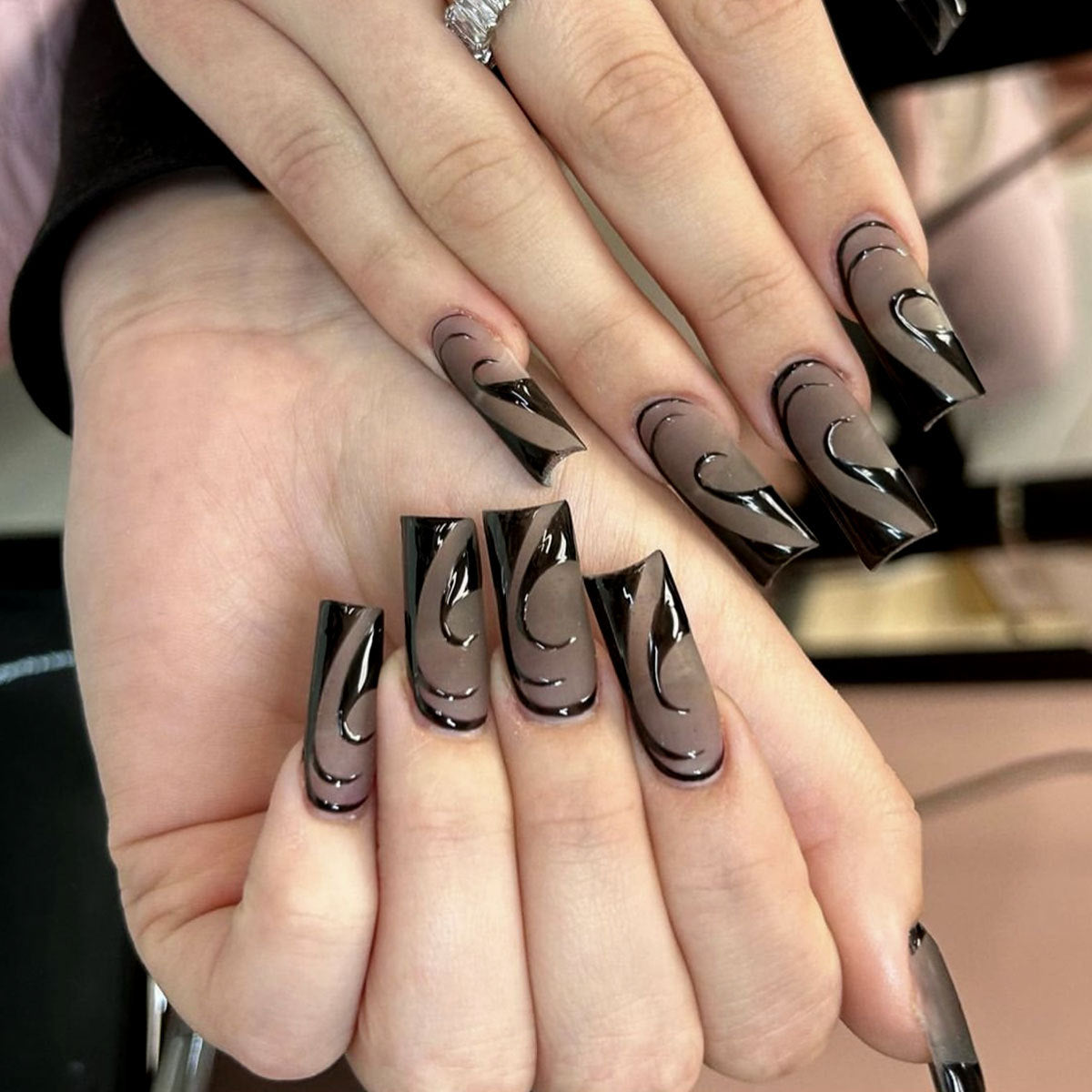 Gothic Glam Long Square Black and Gray Press On Nail Set with Unique Swirl Designs