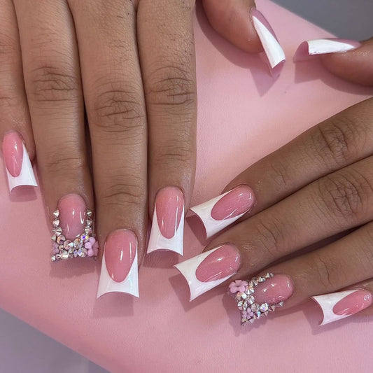 Blossom Dream Long Duck Shape Pink and White Press On Nail Set with Glitter Accents