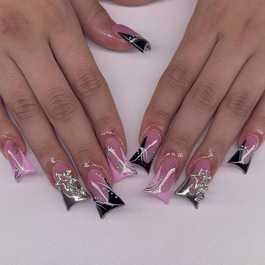 Glamorous Dreamy Pink Triangle Duck Press On Long Nail Set with Glittering Silver Accents