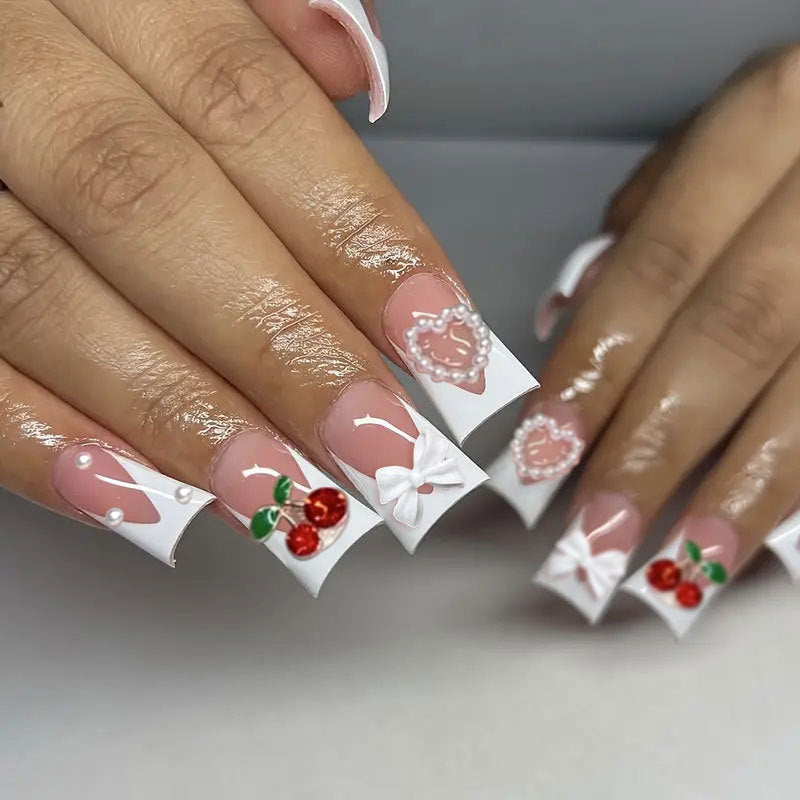 Cherry Blossom Inspired Long Duck Press On Nail Set in Pink and White with 3D Bow and Pearl Accents