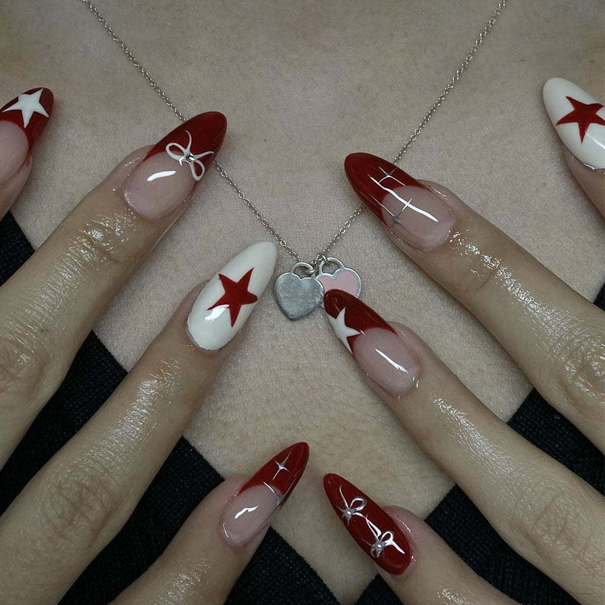 Starry Night Long Almond Red and White Press On Nail Set with Unique Bow Accents