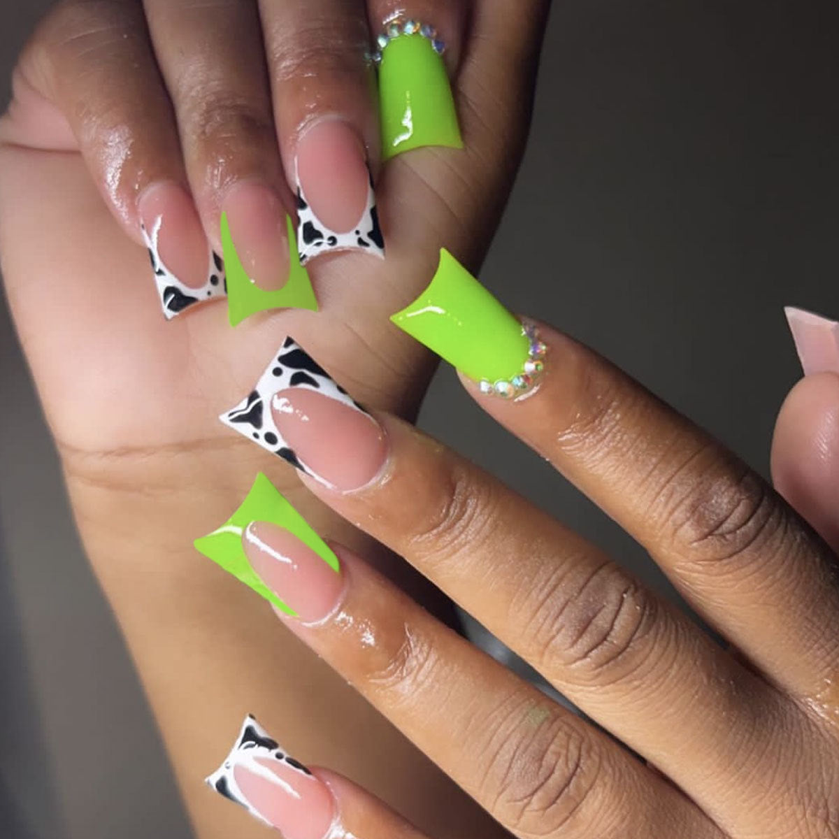 Bold Animal Print Neon Green Long Duck Press On Nail Set with Rhinestone Accents