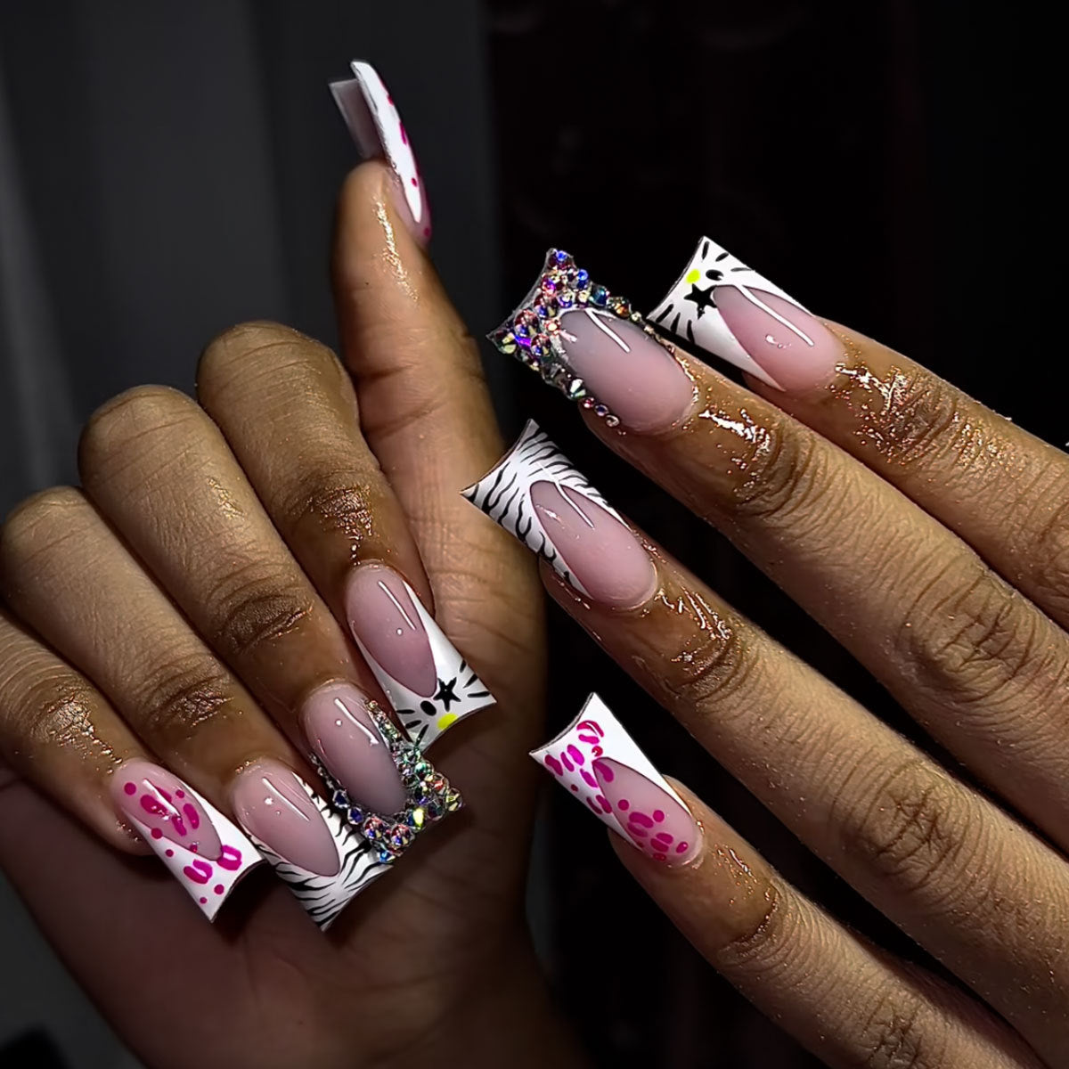 Glamorous Safari Long Duck Pink and White Press On Nail Set with Rhinestone Accents