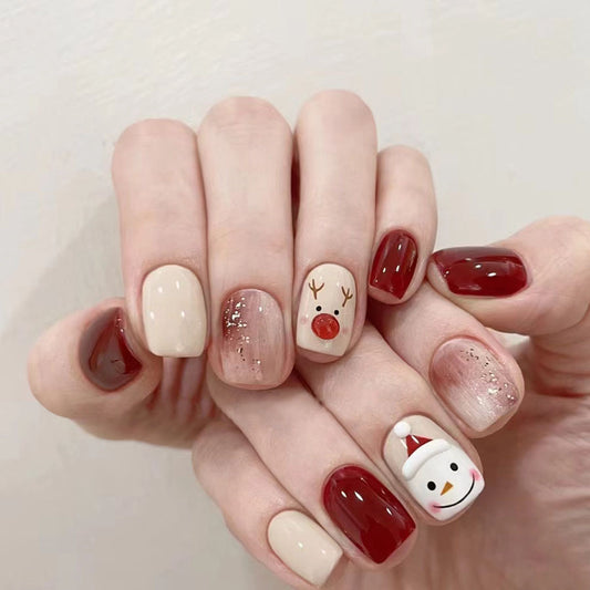 Festive Cheer Short Square Short Burgundy and Beige Nail Set with Whimsical Holiday Designs