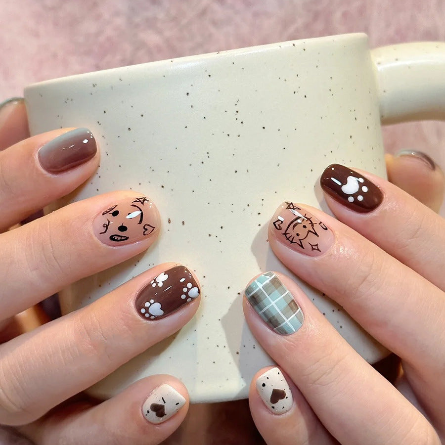 Cozy Coffee Vibes Short Squoval Brown and Cream Nail Set with Adorable Animal Prints