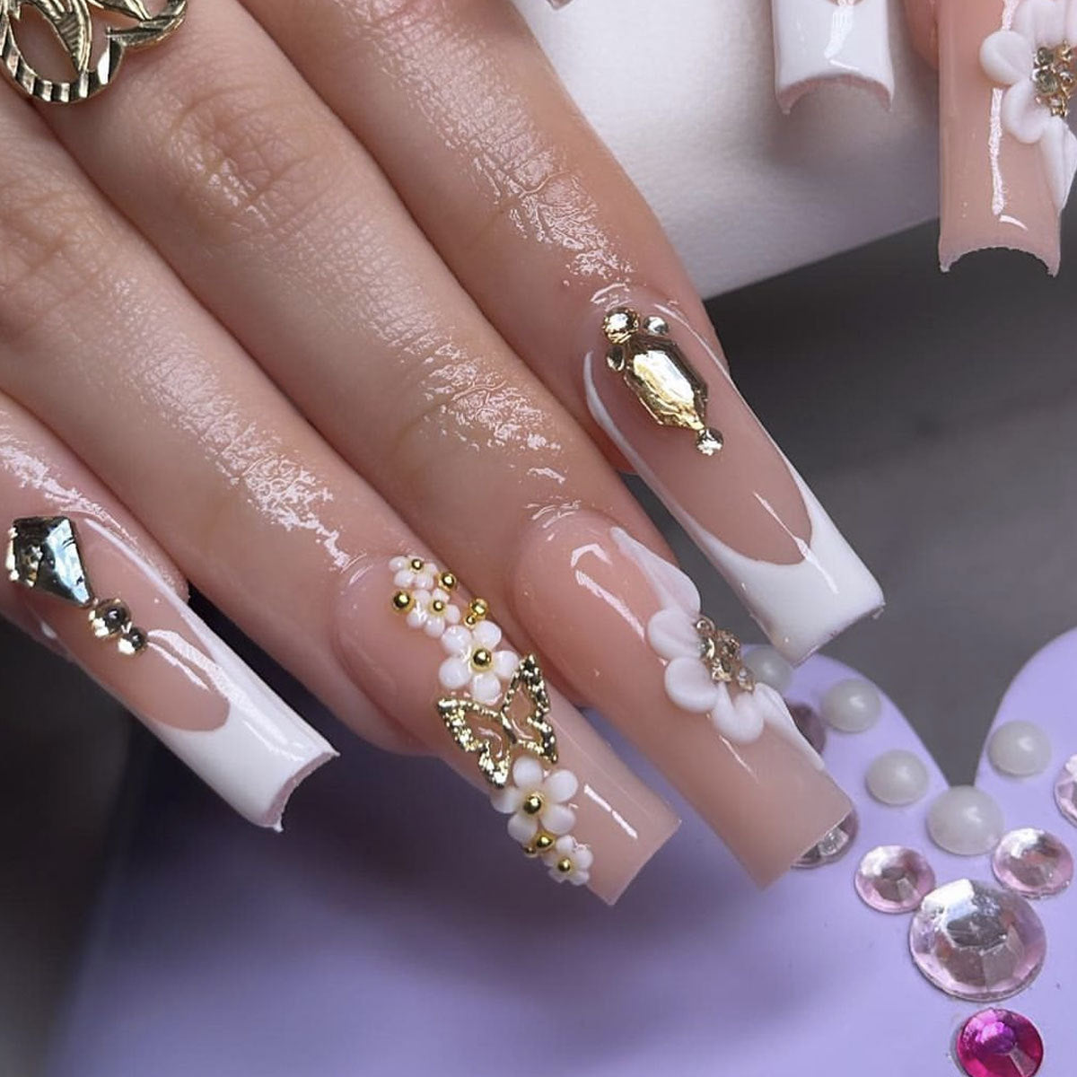 Chic Floral Elegance Long Square Beige and White Press On Nail Set with 3D Flower Embellishments and Gold Accents