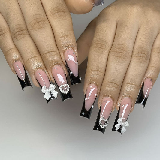 Chic Elegance Long Square Press On Nails Black and Pink with Bow and Heart Accents