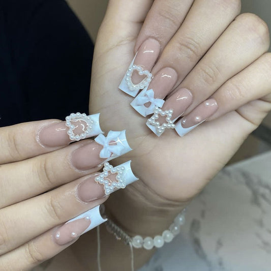 Chic Dreamy White Square Long Press On Nail Set with Pearl Accents and Bow Details