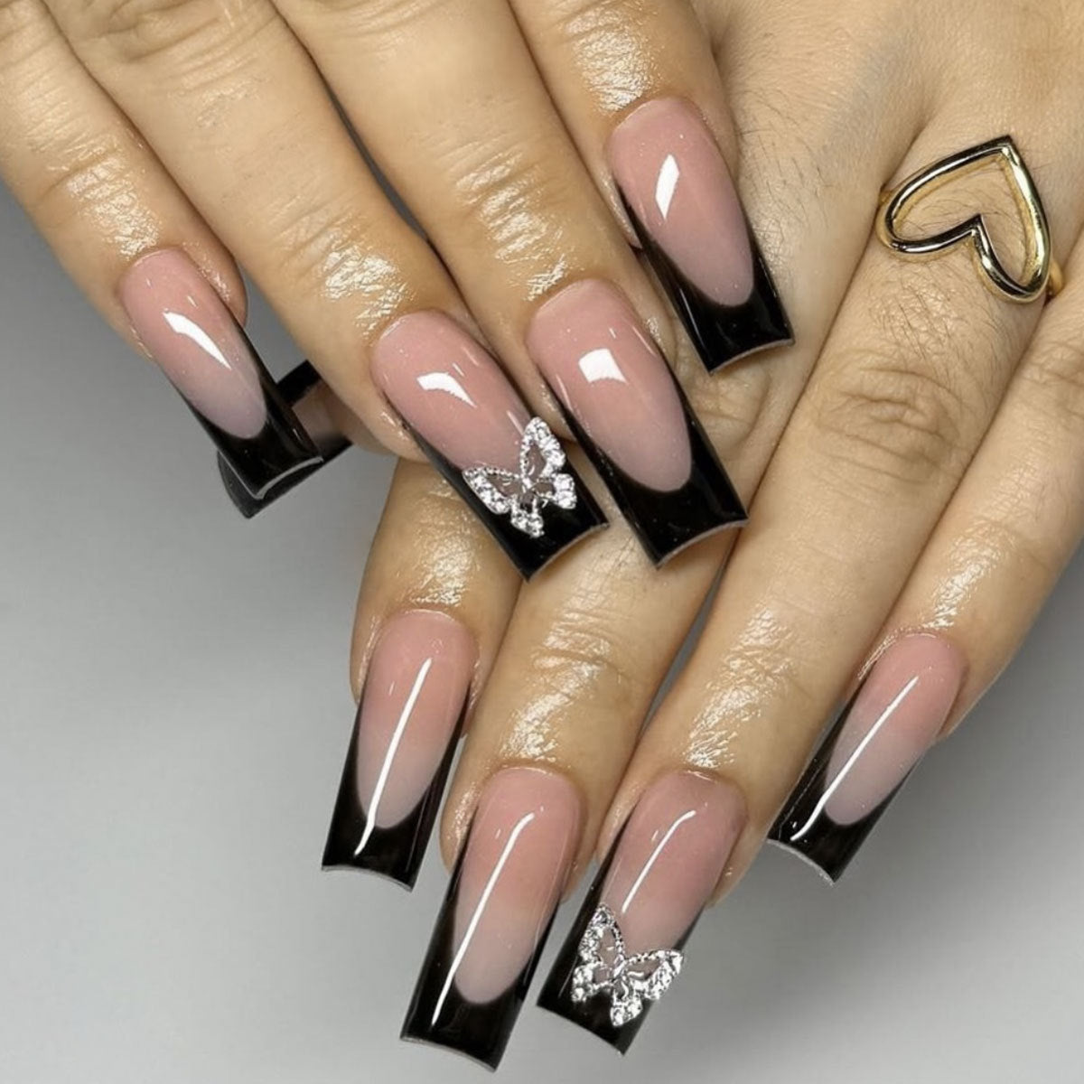 Glamorous Butterfly Dreams Long Square Black and Beige Press On Nail Set with Rhinestone Accents