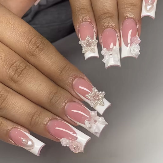 Whimsical Starry Dreams Long Square Pink and White Press On Nail Set with Pearl and Flower Accents