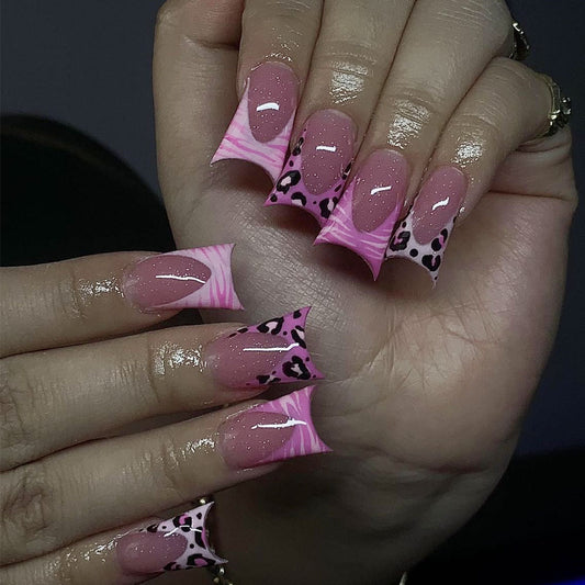 Fierce Safari Long Duck Press On Nail Set Pink Animal Print and Marble Design