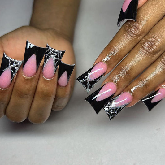 Gothic Glam Long Duck Press On Nail Set Black and Pink with Spiderweb Design and Glitter Accents