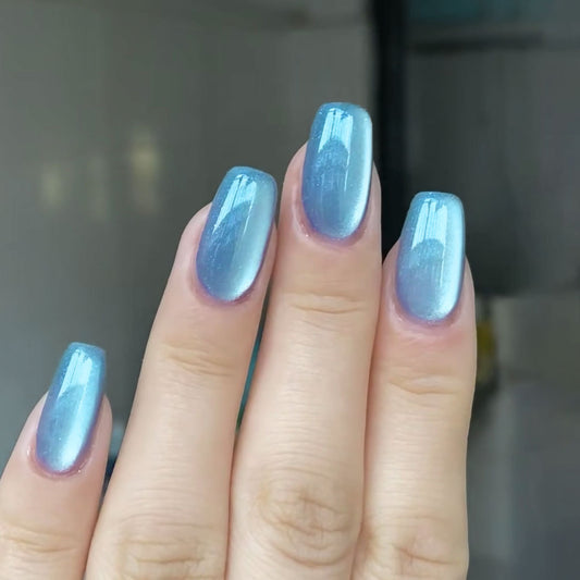 Serene Ocean Breeze Long Square Blue Metallic Press On Nail Set with Shimmering Reflective Finish