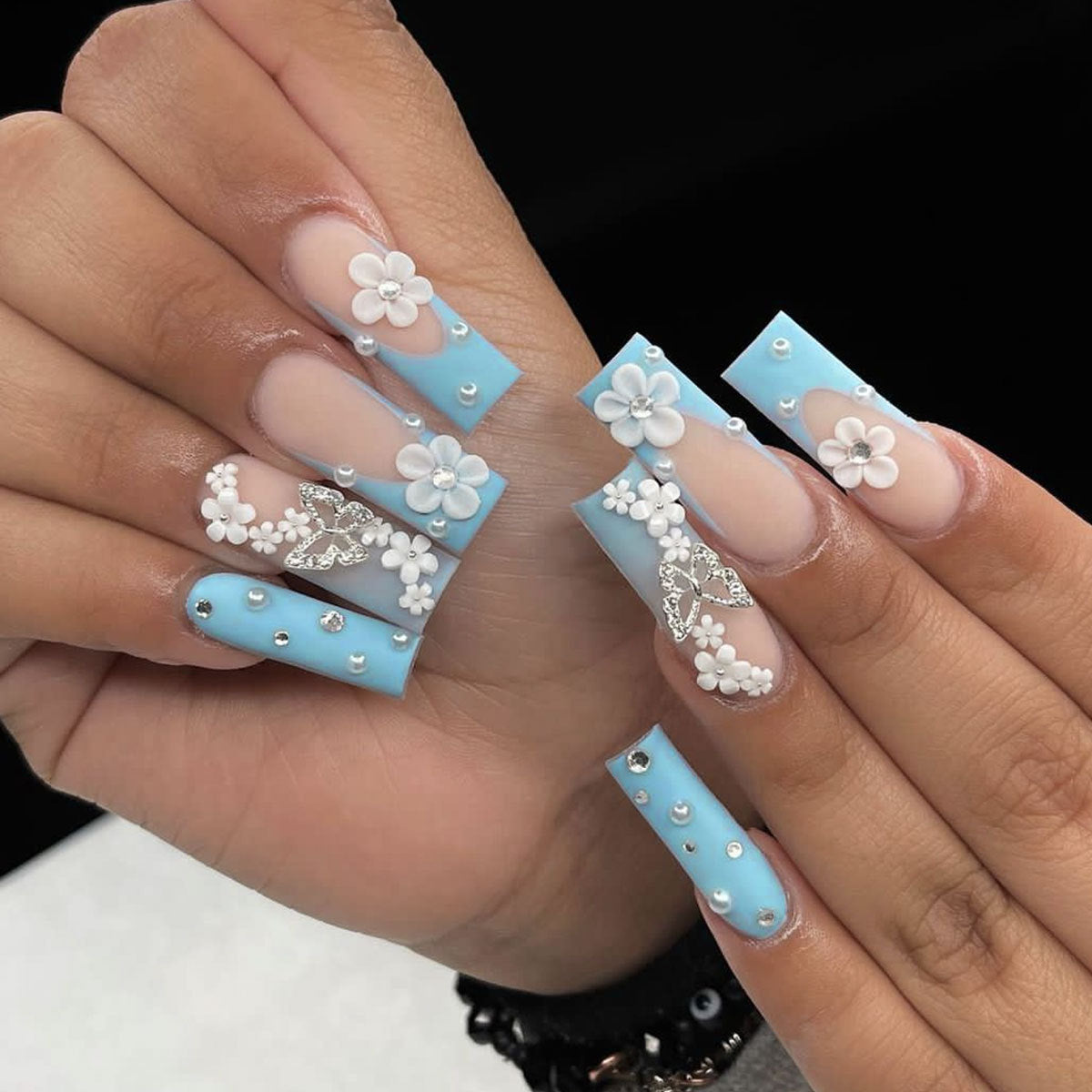 Floral Fantasy Extra Long Square Blue Press On Nail Set with 3D Flower and Gem Design