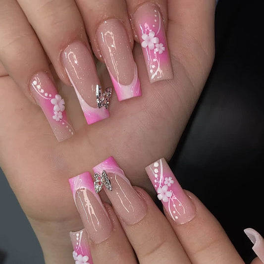 Cherry Blossom Dream Extra Long Square Press On Nails Pink with Butterfly Charm and Floral Design